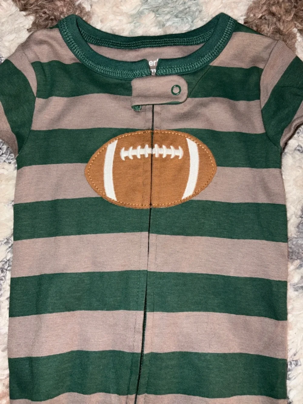Carter's Green & Brown Striped Football One-Piece Footed Pajamas